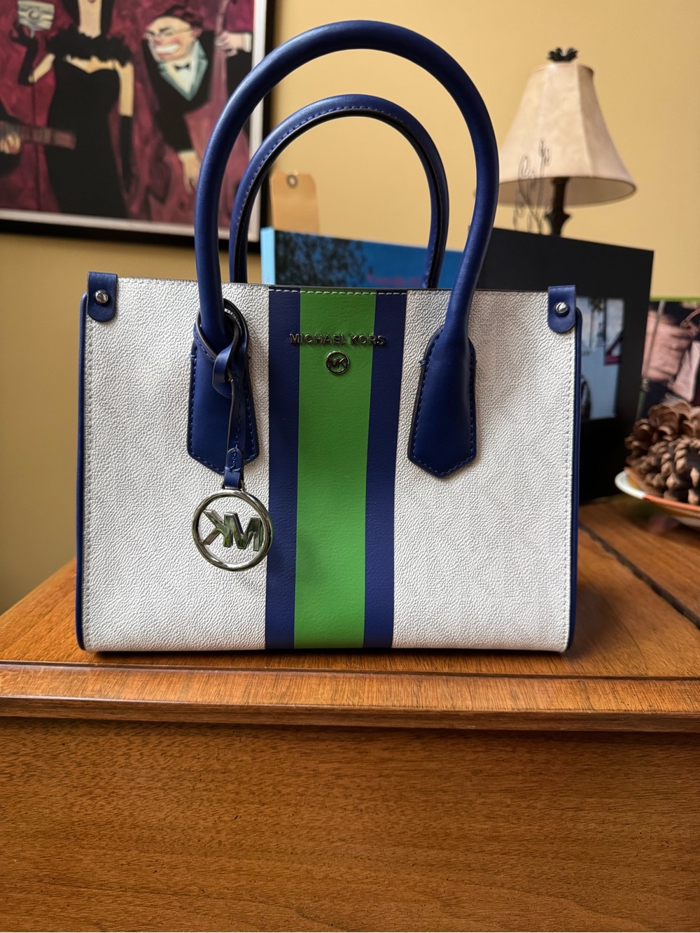 Michael Kors White Leather Crossbody with Blue & Green Center Stripes